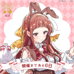 1girl animal_ears atre_akihabara blush bow bowtie center_frills commentary_request fake_animal_ears frills holding holding_teapot long_hair official_art open_mouth rabbit_ears red_bow red_bowtie red_eyes red_hair sasayaku_you_ni_koi_wo_utau second-party_source shirt sidelocks solo takeshima_eku teapot translation_request tsutsui_mari_(sasakoi) upper_body white_shirt