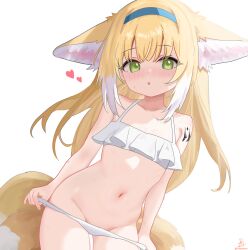 1girl absurdres animal_ears arknights bare_shoulders bikini bikini_bottom_pull blonde_hair blue_hairband blush collarbone cowboy_shot flat_chest flower fox_ears fox_girl fox_tail green_eyes groin hairband highres lily_of_the_valley long_hair navel priquetrum simple_background solo stomach suzuran_(arknights) swimsuit tail very_long_hair white_background white_bikini