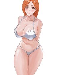 Rule 34 | 1girl, ai-assisted, alternate eye color, arms behind back, bare shoulders, bleach, blush, breasts, collarbone, female focus, heyy vivii, highres, inoue orihime, large breasts, legs together, lips, looking at viewer, orange eyes, orange hair, shiny skin, simple background, thighs, white background