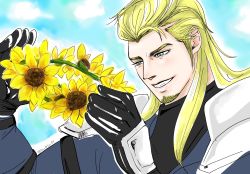 1boy armor black_gloves blonde_hair blue_background blue_eyes blue_jacket bon0bon09 facial_hair final_fantasy final_fantasy_vii final_fantasy_vii_remake flower gloves hair_slicked_back head_wreath highres jacket long_hair male_focus mullet roche_(ff7) shoulder_armor sideburns smile solo square_enix sunflower upper_body yellow_flower