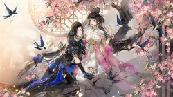 2girls against_wall bird black_dress black_gloves black_thighhighs bracelet breasts brown_eyes brown_hair character_request cherry_blossoms chinese_clothes circlet cleavage closed_eyes closed_mouth collared_shrug copyright_request day detached_sleeves dress elbow_gloves eyelashes eyeshadow feet_out_of_frame floral_print flower forehead full_body gloves gold_bracelet hair_rings high_collar jewelry kneeling lace lace-trimmed_dress lace_trim light_particles lipstick long_hair long_sleeves looking_at_viewer low-tied_long_hair makeup mandarin_collar medium_breasts medium_dress multiple_girls outdoors pink_eyeshadow pink_flower pink_shoes pink_sleeves red_lips shoes shrug_(clothing) sitting_on_branch smile strapless strapless_dress swallow_(bird) thighhighs topknot very_long_hair white_dress white_shrug white_thighhighs wide_sleeves ye_dian_pikaqiu