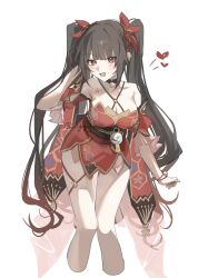 Rule 34 | 1girl, 21syn q (gohan), :d, absurdres, bare shoulders, bell, black choker, black gloves, black sash, breasts, brown hair, butterfly-shaped pupils, choker, cleavage, collarbone, criss-cross halter, dress, flower tattoo, gloves, halterneck, hand on own head, heart, highres, honkai: star rail, honkai (series), looking at viewer, mark under both eyes, neck bell, open mouth, pink eyes, red dress, red sleeves, sash, simple background, single glove, smile, solo, sparkle (honkai: star rail), symbol-shaped pupils, tattoo, twintails, white background