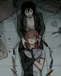 2boys 97ttwwaazz absurdres black_eyes black_hair bleeding blood blood_on_hands board_game boxcutter brown_hair commentary cracked_skin crossed_arms english_commentary english_text gakuran glasses gloves go_(board_game) gym_uniform hands_on_own_chest highres indoors jacket lap_pillow looking_at_another male_focus medium_hair multiple_boys open_clothes open_jacket randal&#039;s_friends randal_ivory school_uniform seiza self-harm sitting tile_floor tiles tsukada_satoru unconscious