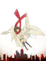 Rule 34 | 1girl, aaniko, abstract background, black skirt, black socks, brown eyes, brown hair, brown shoes, commentary request, expressionless, floating scarf, fringe trim, full body, gradient background, hair between eyes, hair ornament, hairclip, highres, kagerou project, kneehighs, limited palette, loafers, long hair, looking up, miniskirt, origami, oversized object, paper crane, parted lips, red scarf, scarf, school uniform, shirt, shoes, short sleeves, sitting, sitting on object, skirt, socks, solo, tateyama ayano, white background, white shirt