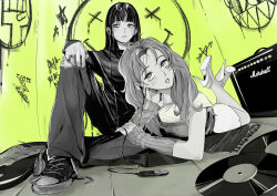 2girls amplifier arm_warmers arrow_through_heart blush commentary digital_media_player earphones electric_guitar feet_up full_body graffiti greyscale_with_colored_background guitar hand_on_own_knee high_heels highres instrument jewelry kininatteru_hito_ga_otoko_ja_nakatta knee_up koga_mitsuki long_hair looking_to_the_side lying marshall_amplification mole mole_under_eye multiple_girls multiple_rings nirvana_(band) on_floor on_stomach oosawa_aya pants parted_lips radiohead_(band) record ring shared_earphones shizuka_(tohrkgk) shoes short_sleeves sitting skirt sneakers star_(symbol) the_pose tomboy torn_clothes torn_pants untied_shoelaces