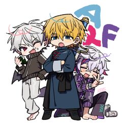 3boys :d :o ;d ^_^ antenna_hair artist_name barefoot black_boots black_jacket black_pants black_shirt black_shoes blonde_hair blue_eyes blush boots bracelet can changpao chinese_clothes closed_eyes collared_jacket creepyday crossed_bangs drawstring drink_can ex_albio ex_albio_(3rd_costume) fang feet fingernails fuwa_minato fuwa_minato_(1st_costume) grey_hair hair_between_eyes hand_up jacket jewelry kuzuha_(1st_costume)_(nijisanji) kuzuha_(nijisanji) leg_up long_fingernails long_sleeves looking_at_viewer male_focus mandarin_collar mole mole_under_eye monster_energy multicolored_hair multiple_boys nijisanji official_alternate_costume on_one_knee one_eye_closed open_clothes open_jacket open_mouth pants pink_hair pointy_ears purple_hair red_eyes sharp_fingernails shirt shoes short_hair simple_background smile standing standing_on_one_leg streaked_hair sword track_jacket v-shaped_eyebrows virtual_youtuber w weapon weapon_on_back white_background white_hair white_pants zipper_pull_tab