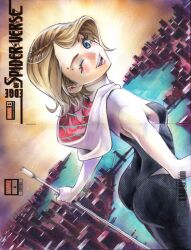 Rule 34 | 1girl, ass, black bodysuit, blonde hair, blue eyes, blush, bodysuit, breasts, cowboy shot, gwen stacy, highres, hood, hood down, looking at viewer, marvel, medium hair, one eye closed, piercing, rodrigo yoshimiya, small breasts, solo, spider-gwen, spider-man (series), spider-verse, white bodysuit