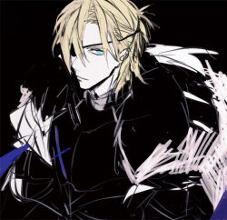 1boy armor black_armor black_background blonde_hair blue_cape breastplate cape closed_mouth dimitri_alexandre_blaiddyd dimitri_alexandre_blaiddyd_(timeskip) eyepatch fire_emblem fire_emblem:_three_houses looking_to_the_side male_focus nintendo one_eye_covered parted_bangs sideways_glance solo tsukimura_noe unfinished