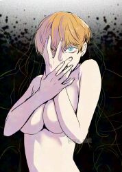 1girl adversarial_noise aqua_eyes artist_name breasts commentary convenient_arm covering_face d&#039;arce_(fear_&amp;_hunger) english_commentary fear_&amp;_hunger_(series) fear_&amp;_hunger_1 large_breasts maesato_(emu-ya) nude orange_hair short_hair solo twitter_username upper_body