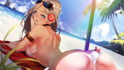 1girl armlet ass bare_shoulders beach beach_towel bikini black_collar blue_sky breasts cloud collar crab day dutch_angle eyewear_on_head flower from_behind game_cg gloves hair_flower hair_ornament hand_on_own_face highres jewelry large_breasts light_particles long_hair looking_at_viewer looking_back lying miracle_snack_shop non-web_source ocean official_art on_stomach open_mouth palm_tree parted_bangs petals philia_salis shaded_face shadow shiny_skin single_sidelock sky solo string_bikini sunglasses sunlight surprised swimsuit talesshop towel tree ukero white_bikini white_gloves white_hair wide-eyed