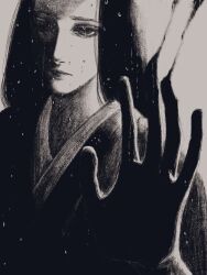 Rule 34 | 1girl, against glass, black hair, greyscale, hand on glass, highres, long hair, looking at viewer, monochrome, original, partially shaded face, portrait, robe, solo, tp p pt