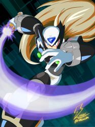 Rule 34 | 1boy, android, armor, black armor, black helmet, black zero (mega man), blonde hair, blue eyes, chest jewel, clenched hand, corruption, energy sword, fontatoba, forehead jewel, gloves, gradient background, helmet, highres, holding, holding sword, holding weapon, jewelry, mega man (series), mega man x (series), ponytail, reaching, reaching towards viewer, robot, robot ears, shoulder armor, signature, slashing, solo, sword, twitter username, weapon, white gloves, z saber, zero (mega man)