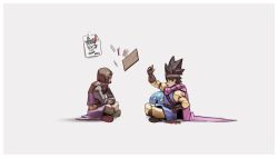 Rule 34 | 2boys, absurdres, belt, black hair, bob cut, brown gloves, brown hair, brown pants, cape, card, circlet, closed eyes, dragon quest, dragon quest iii, dragon quest xi, gloves, grey background, hand on own hip, hero (dq11), highres, hoes mad (meme), indian style, male focus, meme, multiple boys, nin nakajima, nintendo, pants, peeking out, playing games, purple cape, roto (dq3), simple background, sitting, slime (dragon quest), spiked hair, super smash bros., surprised, table flip, tunic, yellow pants
