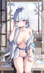Rule 34 | 1girl, ayaka (genshin impact), blue butterfly, blue eyes, blunt bangs, bracelet, breasts, bug, butterfly, collarbone, commentary, convenient censoring, genshin impact, grey hair, high ponytail, highres, insect, japanese clothes, jewelry, kimono, knees, linea alba, long hair, long sleeves, looking at viewer, medium breasts, mole, mole under eye, navel, on floor, open clothes, open kimono, parted lips, ponytail, sitting, solo, white kimono, wide sleeves, yeni1871