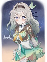 1girl :o aqua_dress aqua_thighhighs black_hairband blue_pupils blush cat collar collared_dress cropped_jacket detached_sleeves dress firefly_(honkai:_star_rail) grey_hair hair_between_eyes hair_intakes hair_ornament hair_ribbon hairband highres honkai:_star_rail honkai_(series) kotohaneko_0307 long_sleeves multicolored_eyes multicolored_hair neckerchief open_mouth orange_neckerchief ribbon ribbon-trimmed_dress ribbon_trim shooting_star signature star_(sky) thighhighs twitter_username two-tone_eyes white_collar white_dress