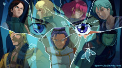 3girls 5boys aeug ammotu aqua_hair artist_request blonde_hair blue_eyes blue_hair broken_glass brown_hair commentary debris deviantart_username emma_sheen english_commentary evil_smile four_murasame glass glass_shards green_eyes gundam hairband haman_karn jerid_messa kamille_bidan looking_at_viewer mecha_pilot_suit military_uniform mullet multiple_boys multiple_girls neo_zeon paptimus_scirocco photoshop_(medium) purple_hair quattro_bajeena reflection serious shards short_hair signature smile titans_(gundam) vest yazan_gable zeta_gundam