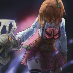 1girl amamiya_sophia_seren arm_at_side assault_lily belt belt_buckle black_background black_thighhighs blurry blurry_background bow brown_belt buckle collared_shirt commentary_request corset covered_face cowboy_shot digamma frilled_skirt frills gradient_background green_bow hair_bow hair_over_face hand_up head_down highres holding holding_weapon leaning_forward long_sleeves ludvico_private_girls&#039;_academy_school_uniform miniskirt multiple_belts one_side_up orange_hair pink_background pink_skirt plaid_clothes plaid_skirt pointing_melee_weapon school_uniform shirt short_hair skirt solo standing suspender_skirt suspenders thighhighs underbust weapon white_shirt zettai_ryouiki
