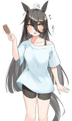 1girl absurdres ahoge animal_ears bare_shoulders bike_shorts black_hair black_shorts blush bra_strap breasts collarbone ear_ornament ear_tag earrings flying_sweatdrops food hand_up highres holding holding_food holding_popsicle horse_ears horse_girl horse_tail jewelry long_bangs long_hair manhattan_cafe_(umamusume) medium_breasts multicolored_hair open_mouth popsicle shirt shorts simple_background single_earring single_off_shoulder solo sweat tail umamusume very_long_hair white_background white_hair white_shirt ya.yu. yellow_eyes