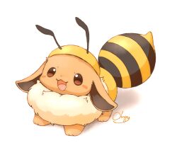 artist_name bee_costume blush blush_stickers brown_eyes commentary_request costume eevee gen_1_pokemon hat highres mimix nintendo no_humans open_mouth pokemon pokemon_(creature) simple_background smile solo standing white_background