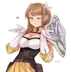 Rule 34 | 1girl, black corset, blowing kiss, braid, braided ponytail, breasts, brown eyes, brown hair, corset, fire emblem, fire emblem engage, goldmary (fire emblem), heart, highres, hooded top, large breasts, low ponytail, mole, mole on breast, nintendo, ponytail, ribbon, single shoulder pad, symoca, white ribbon