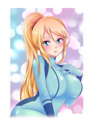 1girl absurdres blonde_hair blue_background blue_bodysuit blue_eyes blush bodysuit breasts bubble_background hand_on_own_chest highres large_breasts long_hair looking_at_viewer metroid nintendo ponytail purple_background samus_aran sidelocks sitting sugarbell two-tone_background upper_body zero_suit