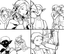 4boys 6+girls ankle_lace-up arm_tattoo blunt_ends bottle bracelet braid braided_ponytail_elf_(dungeon_meshi) brothers candy cithis cloak couple dark-skinned_female dark_skin drinking dungeon_meshi ear_piercing earrings eating elf faceless faceless_female faceless_male flamela flat_chest fleki food french_braid fruit gorget greyscale hair_over_shoulder half_updo halterneck hand_up helki_(dungeon_meshi) hetero highres holding holding_bottle hood hood_down hooded_cloak jewelry kiss long_hair looking_ahead lycion meme_request milsiril_(dungeon_meshi) mithrun mithrun&#039;s_brother monochrome multiple_boys multiple_girls notched_ear one_eye_covered otta_(dungeon_meshi) pattadol piercing pointy_ears ponytail salutongis short_hair siblings sidelocks simple_background sitting sleeveless strawberry tattoo third_wheel topless_male unamused uniform very_short_hair wariza yuri