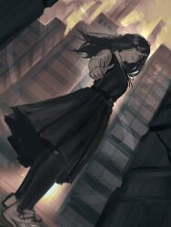 1girl absurdres black_dress black_hair black_socks bonjindaaa building chainsaw_man city closed_mouth commentary_request dress fourth_east_high_school_uniform highres kneehighs long_hair long_sleeves pinafore_dress pointing pointing_at_viewer scar scar_on_face scar_on_nose school_uniform shirt shoes sleeveless sleeveless_dress socks solo standing white_shirt white_shoes yoru_(chainsaw_man)