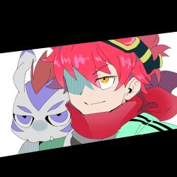 Rule 34 | 1boy, black border, body fur, border, close-up, digimon, digimon (creature), digimon story: time stranger, fang, goggles, goggles on head, gomamon, highres, male focus, mimi 02525, mohawk, partially shaded face, purple eyes, red hair, red scarf, scarf, seal (animal), short hair, simple background, white background, white fur, yuuki dan