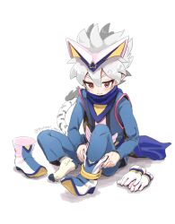 Rule 34 | 1boy, absurdres, animal ears, artist name, belt, blue belt, blue boots, blue scarf, blue shirt, blue vest, boots, byakko (puyopuyo), byakko (roaring hero) (puyopuyo), closed mouth, commentary, fake animal ears, full body, gloves, hair between eyes, highres, male focus, motimoti mgmg, pointy ears, putting on footwear, puyopuyo, puyopuyo quest, red eyes, scarf, shirt, short hair, simple background, sitting, socks, solo, star (symbol), tail, tiger boy, twitter username, vest, white background, white gloves, white hair, white socks