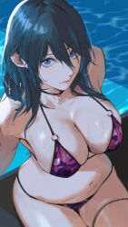 1girl alternate_costume bikini blue_eyes blue_hair breasts choker cleavage closed_mouth commentary english_commentary female_byleth_(fire_emblem) fire_emblem fire_emblem:_three_houses hair_between_eyes highres j@ck large_breasts long_hair looking_at_viewer navel nintendo pool purple_bikini sideboob sitting skindentation solo stomach swimsuit thigh_strap water wet