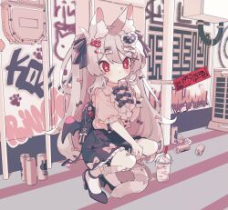 1girl :&lt; animal_ear_fluff animal_ears backpack bag bandaged_tail bandaid bandaid_hair_ornament bib_collar black_bag black_ribbon black_shoes black_skirt blonde_hair blush bow bright_pupils can cat_ears cat_girl cat_tail center_frills closed_mouth commentary cross-shaped_pupils dated_commentary double-parted_bangs drink drink_can drinking_straw eyes_visible_through_hair frilled_sleeves frills frown full_body graffiti hair_bow hair_ornament hair_ribbon hairclip heart heart_hair_ornament high_heels jirai_kei long_hair original outdoors ozureiji petticoat pink_bow pink_shirt puffy_short_sleeves puffy_sleeves red_eyes ribbon shirt shoes short_sleeves skirt solo squatting suspender_skirt suspenders symbol-only_commentary symbol-shaped_pupils tail tsurime very_long_hair white_bow white_hair white_pupils winged_bag x_hair_ornament