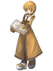 1boy 2000s_(style) :o acolyte_(ragnarok_online) armored_boots artist_request bad_id book boots brown_eyes brown_gloves brown_hair brown_pants cassock full_body gloves holding holding_book long_sleeves looking_at_viewer lowres male_focus official_art open_book open_mouth pants ragnarok_online short_hair simple_background solo standing white_background