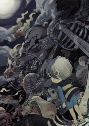 1boy 2024 blue_pants blue_shirt gashadokuro gegege_no_kitarou grey_hair ittan_momen kbggg kitarou medama_oyaji moon multiple_others night night_sky pants red_eyes sandals sharp_teeth shirt skeletal_arm skeleton sky teeth traditional_youkai wanyuudou_(mythology)