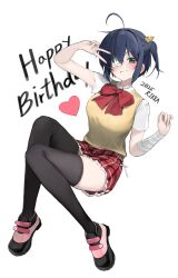 1girl 2025 absurdres ahoge bandaged_arm bandages black_hair black_thighhighs blue_eyes blush breasts brown_vest chuunibyou_demo_koi_ga_shitai! eyepatch grin gunu_(nyzn3223) hair_ribbon happy_birthday highres large_breasts looking_at_viewer medical_eyepatch miniskirt one_side_up plaid_clothes plaid_skirt red_skirt ribbon school_uniform shirt shoes short_hair short_sleeves skirt smile solo takanashi_rikka teeth thighhighs v vest white_shirt