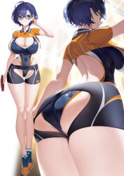 1girl absurdres adjusting_eyewear ahoge arched_back arm_at_side arm_up arrow_(tamawo222) ass ass_cutout back back_cutout black-framed_eyewear black_shorts blue_hair blue_leotard blue_shoes breasts cleavage cleavage_cutout closed_mouth clothes_writing clothing_cutout collared_shrug commentary_request covered_navel cowboy_shot crossed_bangs crotch_cutout curvy from_behind from_below full_body glasses green_eyes groin hair_between_eyes highleg highleg_leotard highres holding_table_tennis_paddle huge_ass impossible_clothes impossible_leotard large_breasts legs leotard leotard_under_clothes looking_at_viewer median_furrow multicolored_shoes multiple_views orange_shoes orange_shrug original paddle shiny_clothes shiny_skin shoes short_hair short_shorts shorts shorts_tug shrug_(clothing) skin_tight skindentation straight-on sweat swept_bangs table_tennis table_tennis_paddle taut_leotard thigh_gap two-tone_shoes variant_set wide_hips