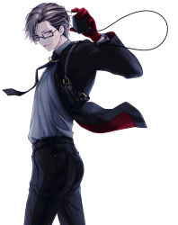 1boy black_hair black_pants formal_clothes fortynine494 glasses gloves green_eyes hypnosis_mic iruma_jyuto jacket male_focus necktie pants red_gloves shirt short_hair simple_background solo suit upper_body white_background