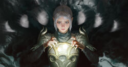 1girl absurdres armor baldur&#039;s_gate baldur&#039;s_gate_3 braid dungeons_&amp;_dragons dungeons_&amp;_dragons elf green_eyes highres long_hair magic multi-tied_hair pointy_ears scar scar_on_face shadowheart_(baldur&#039;s_gate) solo white_hair xianggang_jizhe