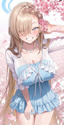 1girl absurdres alternate_costume arm_behind_head asuna_(blue_archive) bead_necklace beads blonde_hair blue_archive blue_dress blue_eyes blue_nails breasts cardigan cropped_jacket dress eyes_visible_through_hair flower grin hair_behind_ear hair_flower hair_ornament hair_over_one_eye highres jewelry long_hair looking_at_viewer m0_0m_c mole mole_on_breast necklace one_eye_closed pink_flower pink_petals sidelocks smile solo white_cardigan