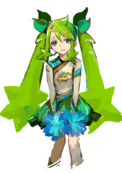 1girl absurdres blue_eyes cheerleader commentary_request fortissimo grass_miku_(project_voltage) green_hair green_skirt green_socks hair_ornament hairclip hatsune_miku highres holding holding_pom_poms kneehighs long_hair long_sleeves looking_at_viewer miniskirt musical_note musical_note_hair_ornament nintendo okitsuma pokemon pom_pom_(cheerleading) pom_poms project_voltage sidelocks simple_background skirt socks solo star-shaped_hair twintails v_arms very_long_hair vocaloid white_background white_skirt x_hair_ornament