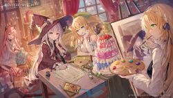 5girls auro_drm bare_shoulders blonde_hair blue_eyes cake candle character_request coat copyright_name copyright_notice dress elbow_gloves food gift gloves green_eyes hat highres holding holding_paint_palette holding_paintbrush holding_quill horns indoors juliet_sleeves large_hat long_hair long_sleeves multiple_girls official_art paint_palette paintbrush painting_(action) painting_(object) paper pink_hair puffy_sleeves purple_eyes quill red_coat red_eyes red_hat revived_witch shirt very_long_hair white_dress white_hair white_shirt window witch witch_(revived_witch) witch_hat yellow_eyes
