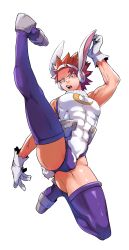 1boy abs absurdres animal_ears archived_source ass bare_shoulders boku_no_hero_academia bulge cosplay crescent_print crossdressing full_body fur_collar gloves heattech_leotard highres kirishima_eijiro large_pectorals leg_up leotard looking_at_viewer male_focus mirko mirko_(cosplay) muscular muscular_male open_mouth pectorals purple_thighhighs rabbit_ears rabbit_tail red_hair sato_unta sharp_teeth short_hair simple_background sleeveless sleeveless_turtleneck sleeveless_turtleneck_leotard solo spiked_hair superhero_costume tail taut_leotard teeth thick_thighs thighhighs thighs tongue turtleneck veins veiny_arms white_background white_gloves white_leotard