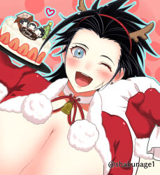 Rule 34 | 2boys, absurdres, angeal hewley, bell, black hair, blue eyes, blush, breasts, cake, christmas cake, coat, crisis core final fantasy vii, cross scar, earrings, fake antlers, final fantasy, final fantasy vii, food, fur-trimmed coat, fur trim, genderswap, genderswap (ftm), gloves, hat, highres, holding, holding sack, huge breasts, jewelry, looking at viewer, multiple boys, neck bell, one eye closed, open mouth, pink background, red coat, red gloves, sack, santa hat, scar, shakunage1, sideburns, single earring, time paradox, twitter username, upper body