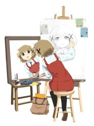 1girl aoki_ume_(style) arm_up black_ribbon black_socks blush brown_bag brown_eyes brown_hair brown_shoes buttons canvas_(object) closed_mouth collared_shirt double-breasted drawing_(action) drawing_(object) easel eraser from_behind full_body hair_ornament hidamari_sketch highres hiro_(hidamari_sketch) holding holding_paint_palette holding_pencil jar kneehighs labuyoi leaning_to_the_side long_sleeves looking_at_mirror looking_at_self mirror miyako_(hidamari_sketch) nazuna_(hidamari_sketch) neck_ribbon nori_(hidamari_sketch) notebook on_stool open_mouth paint_palette paintbrush paper pencil pencil_case raised_eyebrows red_skirt red_vest reflection ribbon sae_(hidamari_sketch) school_uniform shirt shoes short_hair simple_background sitting sketchbook skirt smile socks solo stool tape triple_self-portrait_(norman_rockwell) vest white_background white_shirt wide_face x_hair_ornament yamabuki_high_school_uniform yuno_(hidamari_sketch)