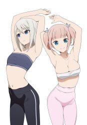 Rule 34 | 2girls, absurdres, arms up, black pants, blue eyes, blue tube top, breasts, closed mouth, coro fae, fujiwara moeha, grey hair, highres, kaguya-sama wa kokurasetai ~tensai-tachi no renai zunousen~, large breasts, light frown, long hair, multiple girls, navel, pants, pink hair, pink pants, shirogane kei, smile, strapless, tube top, twintails, white background, white tube top, yoga pants