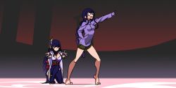 Rule 34 | 2girls, 3d background, alternate costume, arm up, bare legs, bespectacled, black shorts, bow, bowtie, braid, bridal gauntlets, casual, clone, commentary, full body, genshin impact, glasses, hair ornament, hare hare yukai, highres, imtmcomics, japanese clothes, kneeling, long hair, low-braided long hair, low-tied long hair, low ponytail, multiple girls, obi, parody, pointing, pointing up, ponytail, purple eyes, purple hair, purple sweater, raiden shogun, sash, short shorts, shorts, single braid, standing, sweater, turtleneck, turtleneck sweater