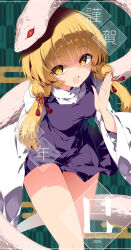 1girl blonde_hair breasts dress happy_new_year highres legs long_sleeves looking_at_viewer medium_breasts medium_hair mishaguji moriya_suwako new_year open_mouth puffy_sleeves purple_dress sakurame slit_pupils smile snake thighs touhou white_sleeves white_snake yellow_eyes