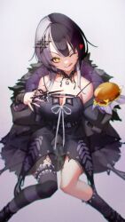 1girl asymmetrical_legwear black_coat black_dress black_hair black_thighhighs bmwved breasts burger cleavage coat cross_hair_ornament dress food fur-trimmed_coat fur_trim glowing glowing_eyes hair_ornament highres holding holding_burger holding_food holding_scissors hololive hololive_english knees_together_feet_apart large_breasts licking_lips looking_at_viewer multicolored_hair one_eye_closed purple_thighhighs scissors shiori_novella smile solo spiked_legwear_garter striped_clothes striped_thighhighs thighhighs tongue tongue_out two-tone_hair two-tone_thighhighs virtual_youtuber white_hair yellow_eyes