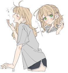 1girl dayama from_side green_eyes kaburaki_roco multiple_views nijisanji short_sleeves shorts virtual_youtuber white_background yawning