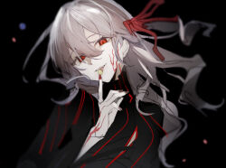 1girl :p black_background candy chinese_commentary commentary_request dark_persona dark_sakura facial_mark fate/stay_night fate_(series) fingernails floating_hair food food_in_mouth hair_between_eyes hair_ribbon heaven&#039;s_feel kumatangent looking_at_viewer matou_sakura nail_polish official_alternate_eye_color official_alternate_hair_color red_eyes red_nails red_ribbon ribbon sketch slit_pupils solo tongue tongue_out upper_body white_hair