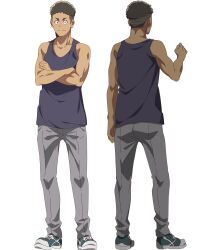 1boy anime_coloring back bare_shoulders black_tank_top clenched_hands closed_mouth collarbone crossed_arms dark_skin grey_pants highres hitoribocchi_no_isekai_kouryaku jocks_c_(hitoribocchi_no_isekai_kouryaku) looking_at_viewer multiple_views muscular muscular_male nakano_keiya official_art pants shoes short_hair simple_background smile sneakers solo standing tank_top transparent_background very_short_hair